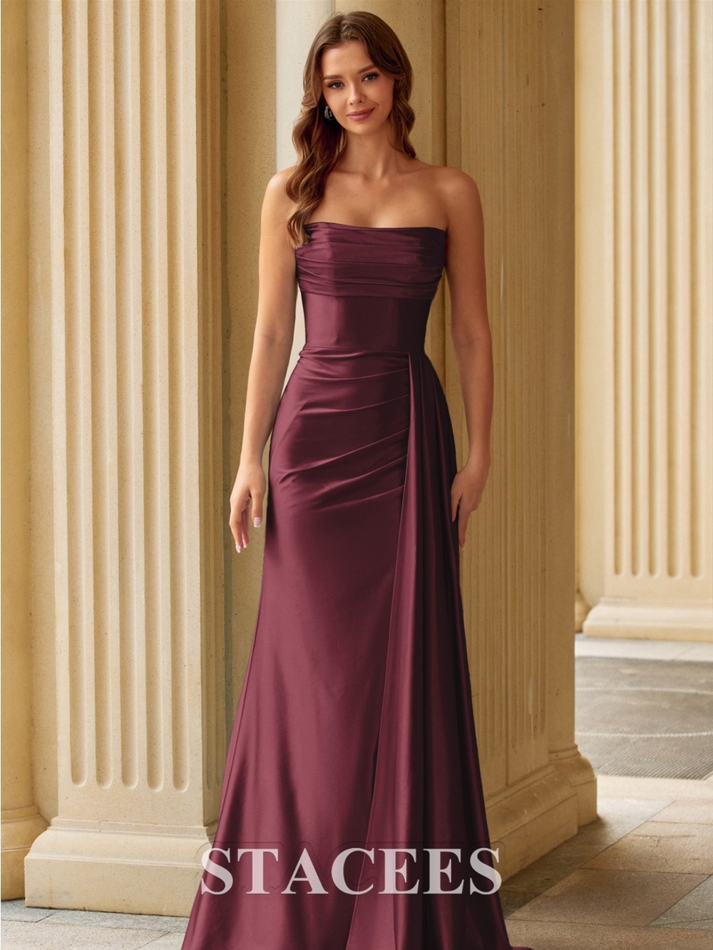 STACEES Strapless Satin Formal Gown in Burgundy